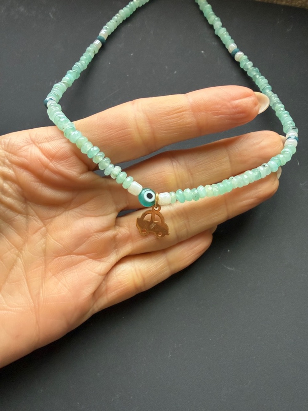 Peruvian Opal Beaded Necklace evil eye & 18k gold car charm 🧿